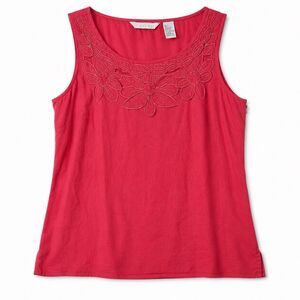 Tweeds Tank Top Women's Large Pink Linen Floral Embroidered Zip Side Square Neck